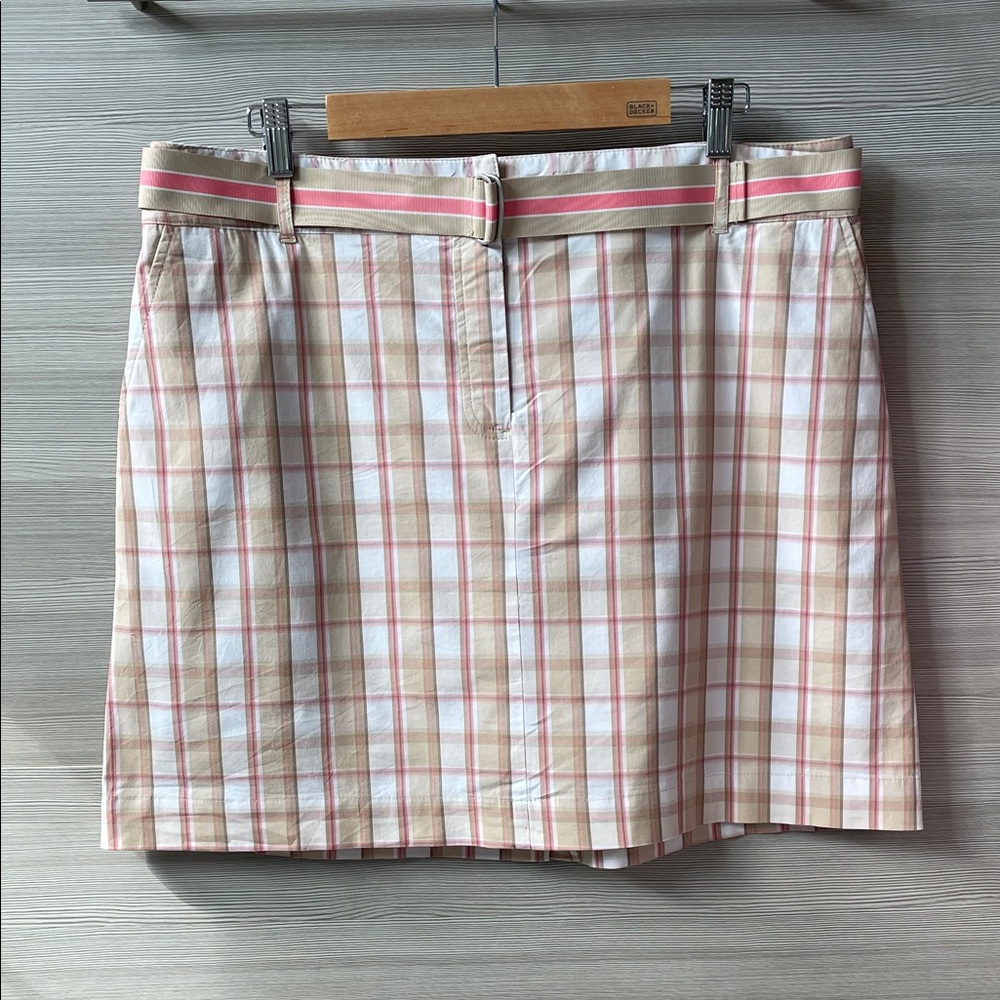 Izod Plaid Belted Performance Golf Skort Pink Tan White Plaid